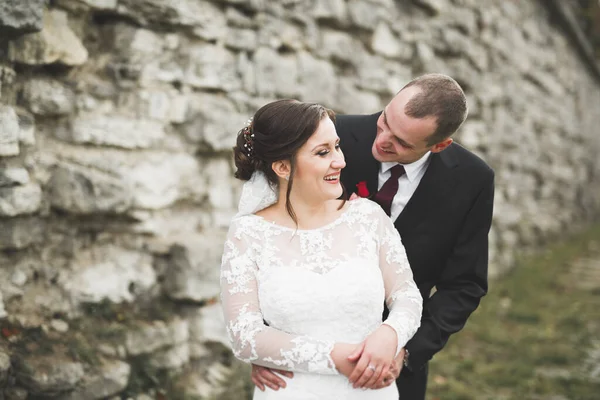 Beau couple de mariage romantique de jeunes mariés étreignant près du vieux château — Photo