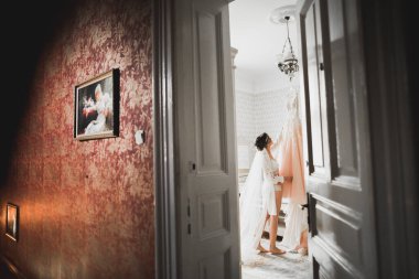 Tüylü, lüks makyaj, saç stili, stüdyo içi fotoğraf çekimi olan güzel bir gelin.