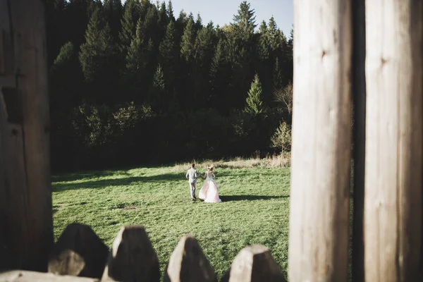 Pareja casada sensual, San Valentín abrazándose frente al viejo castillo eslavo —  Fotos de Stock