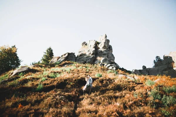 Momento romantico di nozze, coppia di sposi che sorridono ritratto, sposa e sposo che si abbracciano — Foto Stock