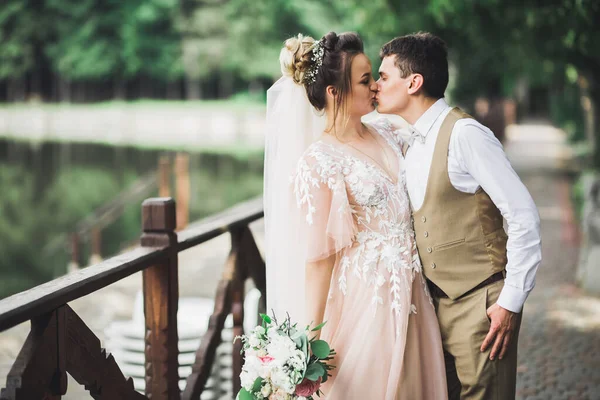 Mooie bruid en bruidegom omarmen en kussen op hun trouwdag buiten — Stockfoto