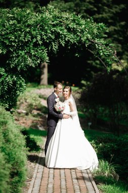 Romantik düğün anı, yeni evli çiftin gülümseyen portresi, gelin ve damadın kucaklaşması