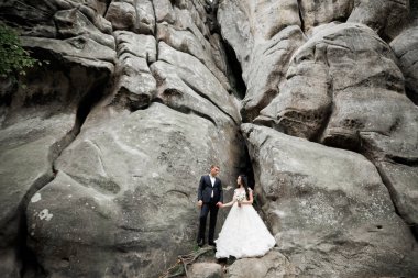 Harika bir gelin damada poz veriyor ve harika manzaralı dağlarda eğleniyor. Mesajlaşacak yer, düğün çifti.