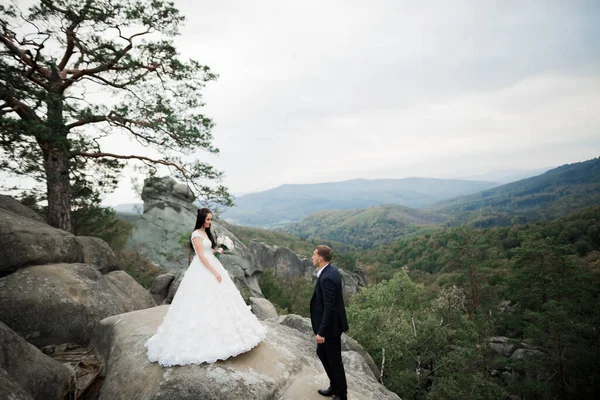 Bella sposa splendida in posa per lo sposo e divertirsi vicino a montagne con vista incredibile, spazio per il testo, coppia di nozze — Foto Stock