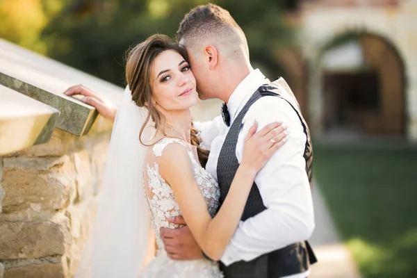 Momento de boda romántico, pareja de recién casados sonriendo retrato, novia y novio abrazándose —  Fotos de Stock