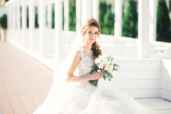 Hermosa novia de lujo en vestido blanco elegante —  Fotos de Stock