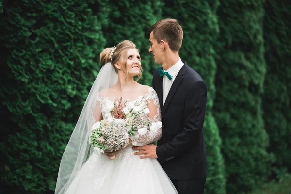 Lindo casal feliz de pé perto um do outro e olhando nos olhos — Fotografia de Stock