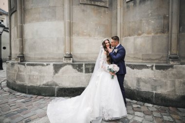 Lüks evli çift, gelin ve damat eski şehirde poz veriyor.