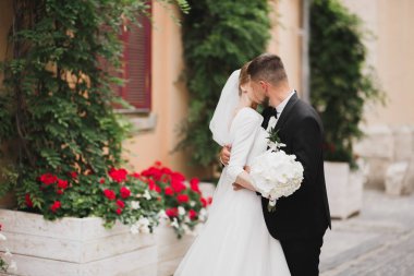 Lüks evli çift, gelin ve damat eski şehirde poz veriyor.