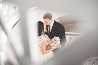 Güzel, mutlu bir düğün çifti, güzel şehirde uzun beyaz elbiseli bir gelin.