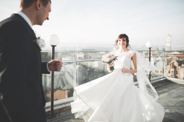 Muhteşem bir düğün çifti eski Lviv şehrinde yürüyor.