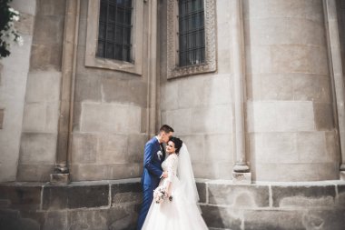 Mükemmel bir çift gelin ve damat düğün günlerinde poz verip öpüşürler.