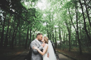 Kafkasyalı mutlu romantik çift evliliklerini kutluyor. Açık hava.