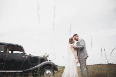 Kafkasyalı mutlu romantik çift evliliklerini kutluyor. Açık hava.