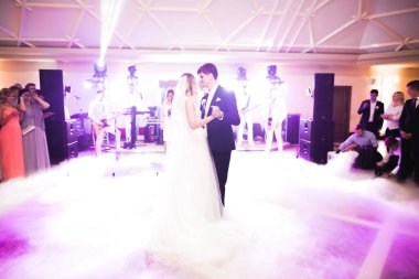 Güzel bir düğün çifti yeni evlendi ve ilk danslarını ediyorlar.