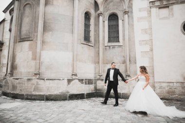 Lüks evli çift, gelin ve damat eski şehirde poz veriyor.