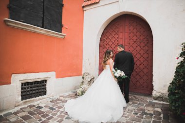 Lüks evli çift, gelin ve damat eski şehirde poz veriyor.