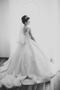 Çekici gelinin portresi, uzun saçlı, büyük buketli poz veren.