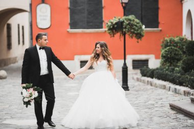 Lüks evli çift, gelin ve damat eski şehirde poz veriyor.