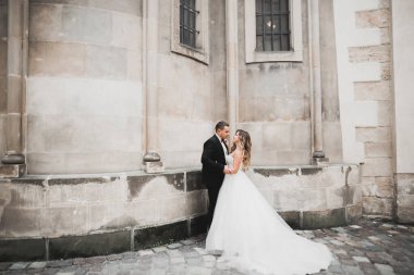 Lüks evli çift, gelin ve damat eski şehirde poz veriyor.