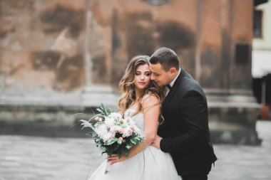 Lüks evli çift, gelin ve damat eski şehirde poz veriyor.