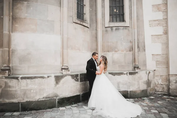 Lüks evli çift, gelin ve damat eski şehirde poz veriyor.