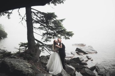 Güzel bir sahilde poz veren genç bir çiftin mutlu ve romantik sahnesi.