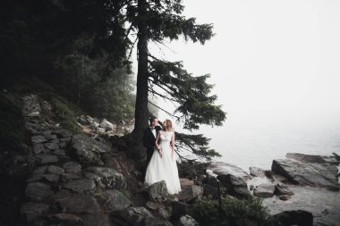 Öpüşen düğün çifti güzel manzarada kalıyor.