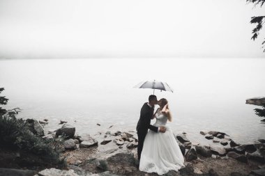 Güzel bir sahilde poz veren genç bir çiftin mutlu ve romantik sahnesi.