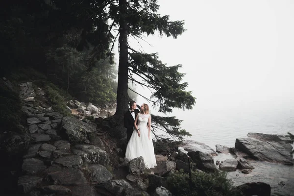 Öpüşen düğün çifti güzel manzarada kalıyor.