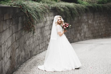 Parkta poz veren zarif beyaz elbiseli güzel gelin.