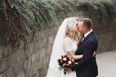 Parkta kucaklaşan yeni evli çiftin güzel romantik düğünü.