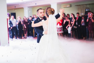 Güzel bir düğün çifti yeni evlendi ve ilk danslarını ediyorlar.