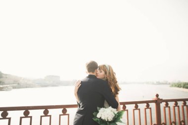 Genç bir düğün çifti, damat portresi olan güzel bir gelin, yaz doğası.