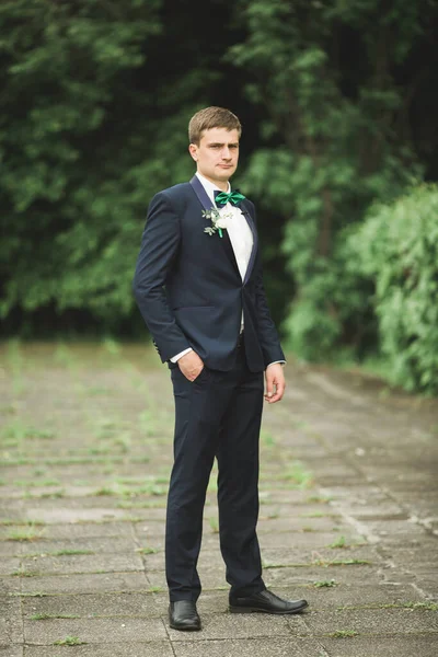 Yaka çiçeğiyle poz veren mutlu yakışıklı damat.