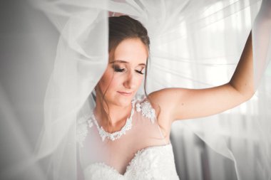 Tüylü, lüks makyaj, saç stili, stüdyo içi fotoğraf çekimi olan güzel bir gelin.