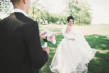 Mükemmel bir çift gelin ve damat düğün günlerinde poz verip öpüşürler.