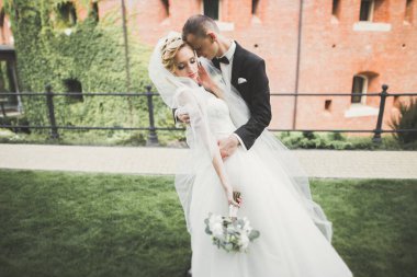 Mükemmel bir çift gelin ve damat düğün günlerinde poz verip öpüşürler.