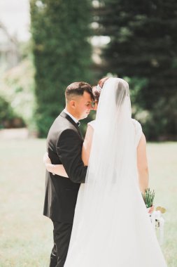 Botanik parkında yürüyen mutlu bir çift.