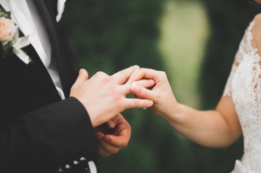 Gelin ve damat alyanslarını değiş tokuş ediyorlar. Şık bir çift töreni.