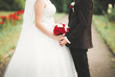 Romantik, peri masalı, mutlu yeni evli çift parkta sarılıp öpüşüyor, arka planda ağaçlar...