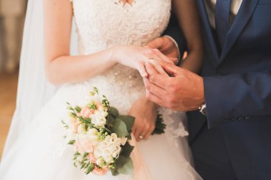 Gelin ve damat alyanslarını değiş tokuş ediyorlar. Şık bir çift töreni.