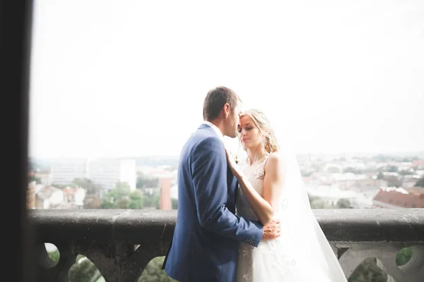 Casal bonito elegante beijando e abraçando no fundo vista panorâmica da cidade velha — Fotografia de Stock