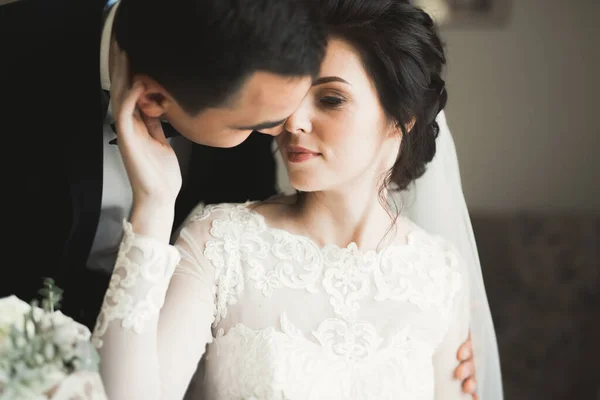 Perfect couple bride, groom posing and kissing in their wedding day — Stock Photo, Image