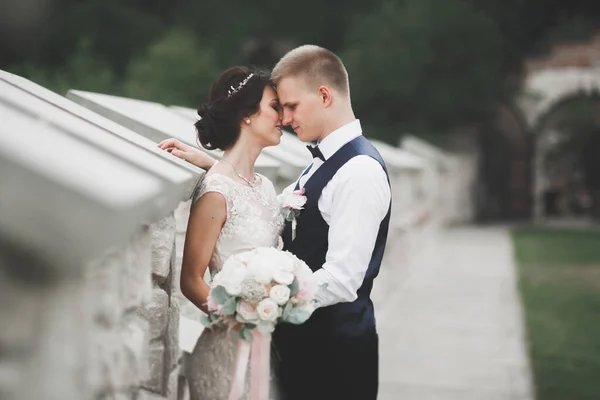 Perfect koppel bruid, bruidegom poseren en kussen in hun trouwdag — Stockfoto