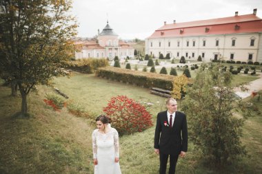 Güzel, romantik bir düğün. Yeni evliler. Eski kalenin yakınlarında sarılıyorlar.