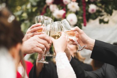 Gelin ve damat bardak şampanya ile