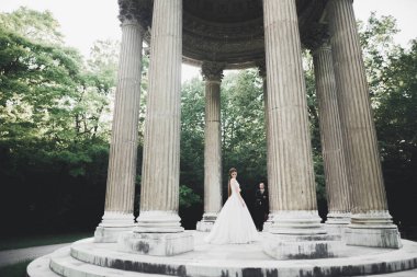 Güzel romantik bir çift yeni evliler gün batımında parkta sarılıyorlar.