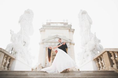 Mükemmel bir çift gelin ve damat düğün günlerinde poz verip öpüşürler.