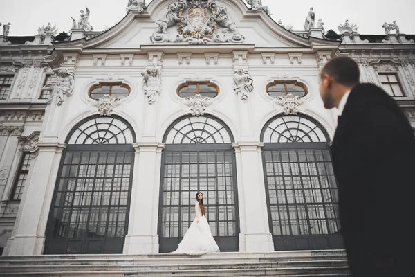 Casamento de luxo casal, noiva e noivo posando na cidade de luxo — Fotografia de Stock